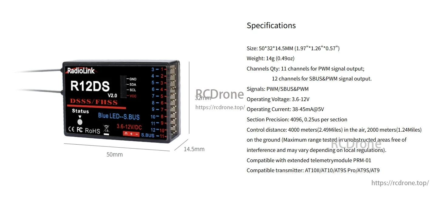 RadioLink R12DS 2.4GHz 12CH Long Range Receiver, The RadioLink R12DS V2.0 receiver supports 11 PWM and 12 SBUS/PWM channels, operates at 3.6-12V, has a 4000m air/2000m ground range, and is compatible with PRM-01 and AT series transmitters.