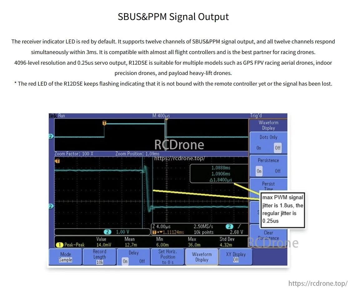 RadioLink R12DSE Receiver, SBUS/PPM output supports 12 channels, 3ms response. Compatible with flight controllers, great for racing drones. 4096-level resolution, 0.25us servo output. Red LED flashes on signal loss. Max PWM jitter: 1.8us.