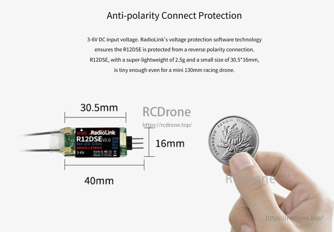 RadioLink R12DSE Receiver, The R12DSE receiver features anti-polarity protection, operates on 3-6V DC, supports DSSS & FHSS, and is compact and lightweight for mini racing drones.