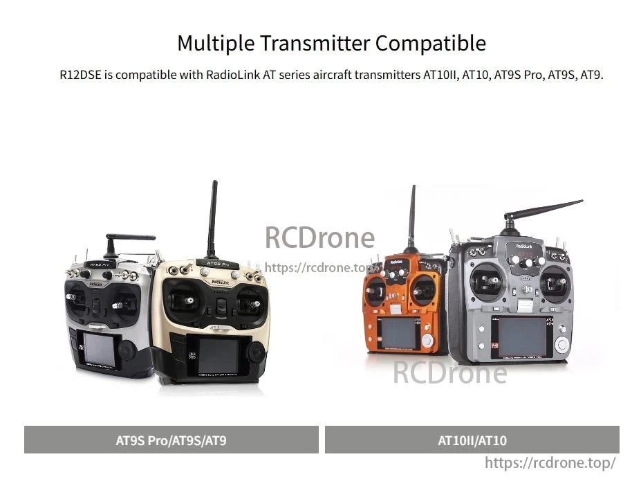 RadioLink R12DSE Receiver, The R12DSE receiver works with RadioLink AT series transmitters including AT10II, AT10, AT9S Pro, AT9S, and AT9.