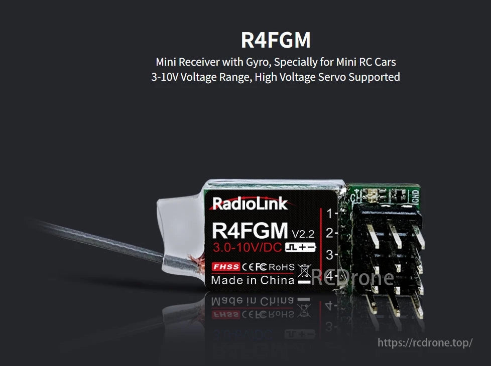 RadioLink R4FGM 4-Channel Mini Receiver, RadioLink R4FGM V2.2 is a 4-channel mini receiver with gyro for 1:28 RC cars. Supports 3-10V DC, high-voltage servo. FHSS certified, compact design, made in China.