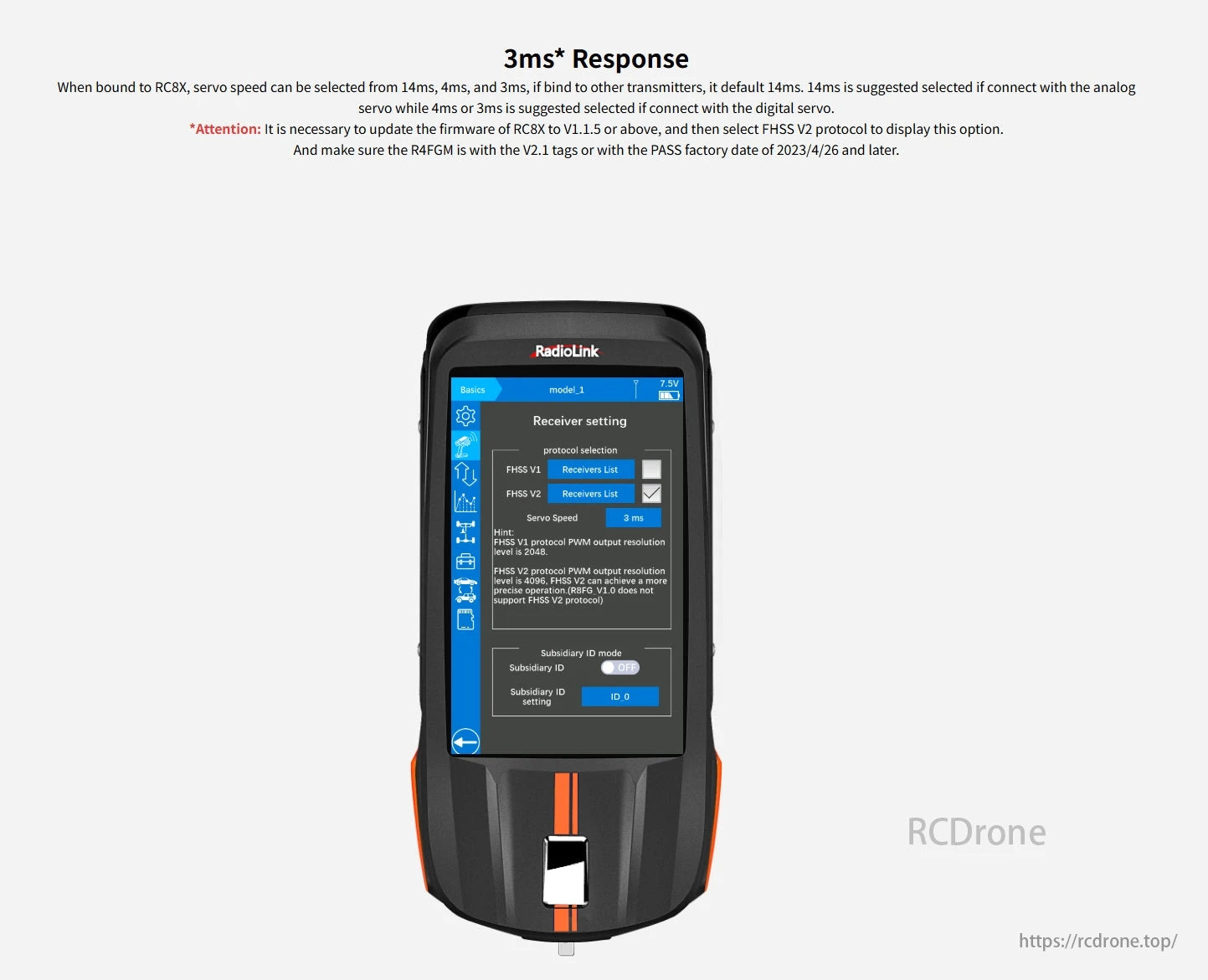 RadioLink R4FGM 4-Channel Mini Receiver, The RadioLink R4FGM is a 4-channel mini receiver with gyro for 1:28 RC cars. It offers 3ms response, uses FHSS V2 protocol, and needs a firmware update for full features.