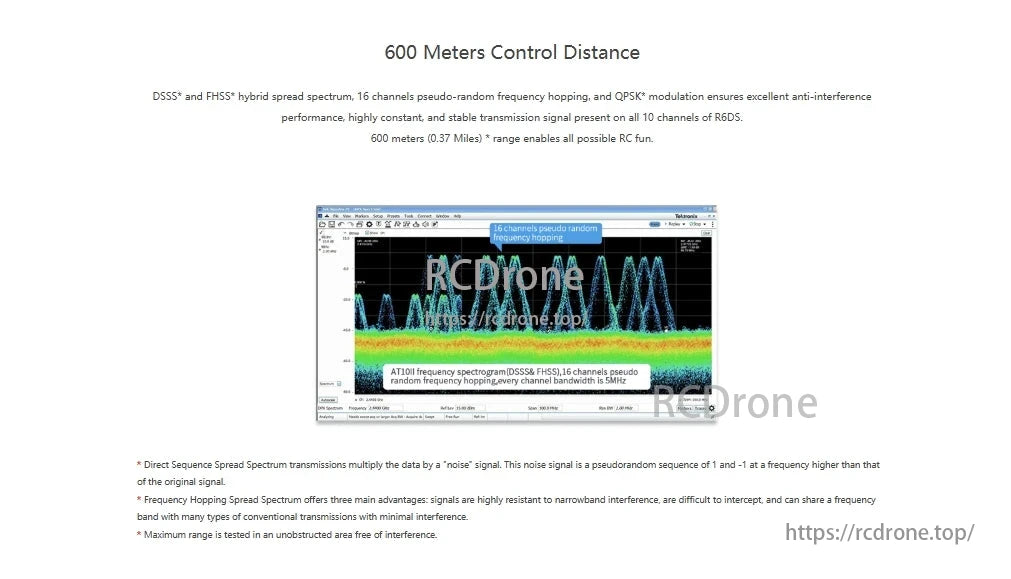 RadioLink R6DS Receiver, The drone has a 600-meter control range using DSSS and FHSS hybrid spread spectrum with 16 channels, ensuring stable transmission via QPSK modulation.