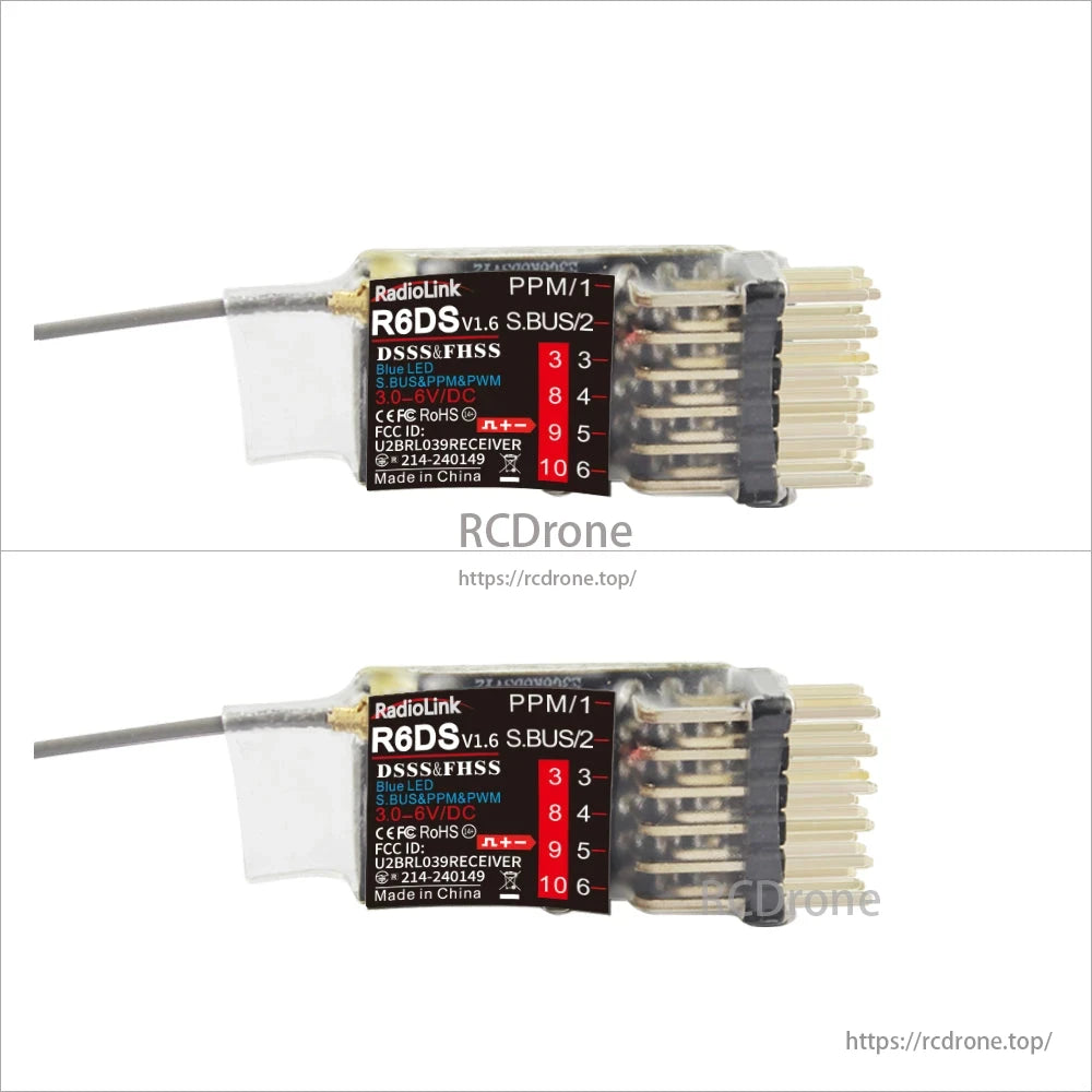The RadioLink R6DS V1.6 2.4GHz receiver offers 6/10 channels, supports SBUS/PPM/PWM protocols, uses DSSS&FHSS technology, includes telemetry, has a 600m range, blue LED, and is made in China.