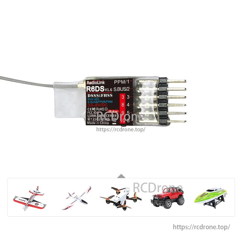 RadioLink R6DS V1.6 2.4GHz receiver offers 6/10 channels, SBUS/PPM/PWM protocols, DSSS&FHSS technology, telemetry, and 600m range, compatible with various RC models for improved control and performance.