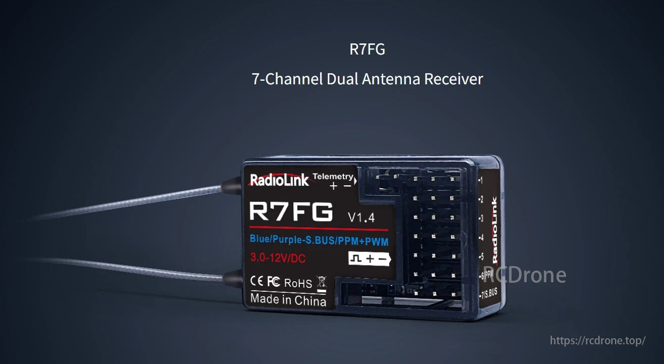 RadioLink R7FG 7-Channel Dual Antenna Receiver, The RadioLink R7FG is a 7-channel dual-antenna receiver with gyro and telemetry, supporting various signal types and operating on 3.0-12V DC. Made in China.