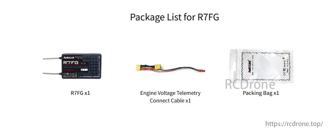 The RadioLink R7FG 7-channel dual antenna receiver package includes one receiver, one engine voltage telemetry cable, and one packing bag.