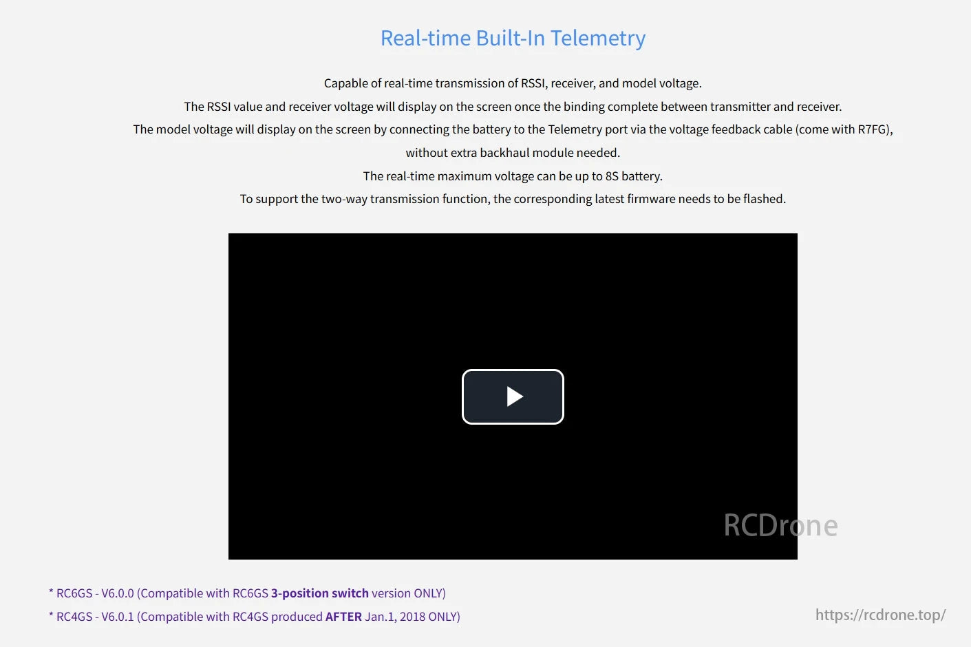 RadioLink R7FG 7-Channel Dual Antenna Receiver, Real-time telemetry shows RSSI, receiver, and model voltage; supports up to 8S battery. Firmware update needed for two-way transmission.