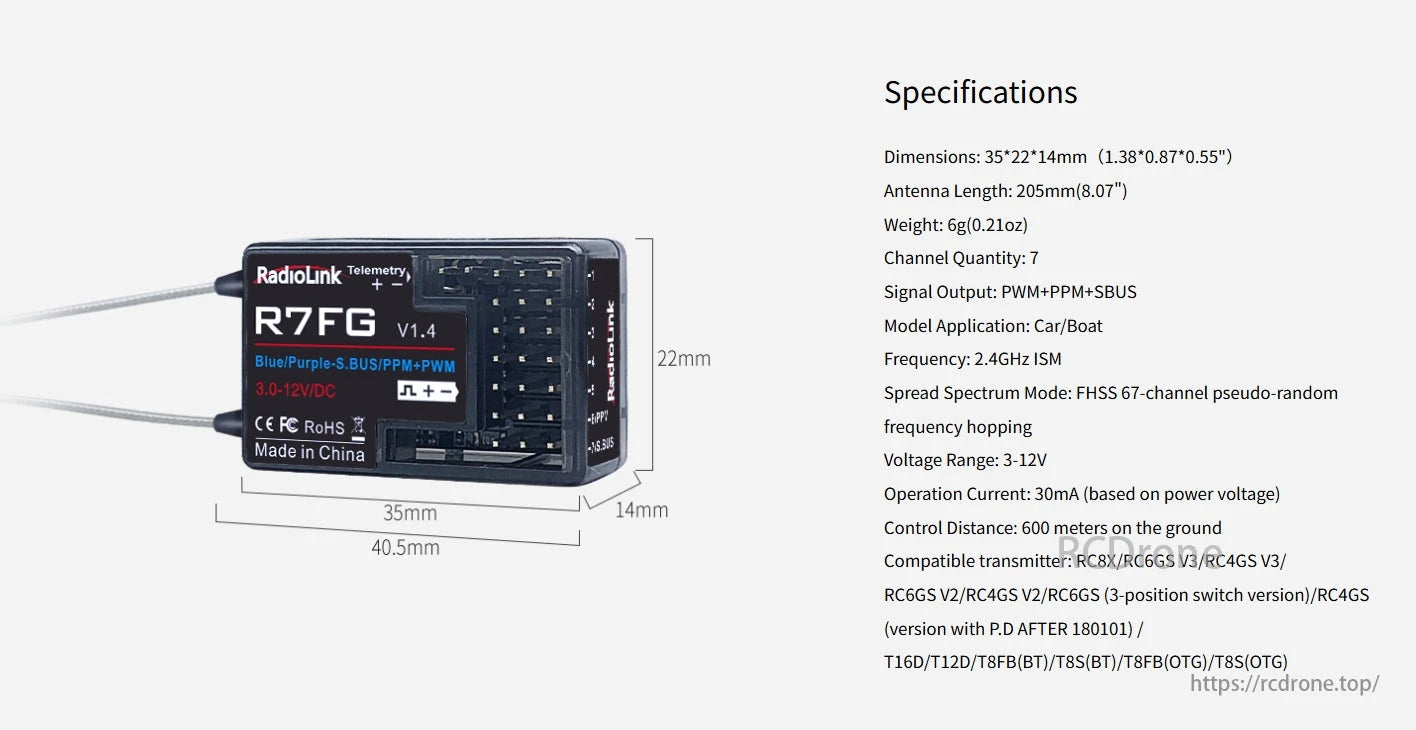 RadioLink R7FG 7-Channel Dual Antenna Receiver, The RadioLink R7FG V1.4 receiver offers 7 channels, 2.4GHz FHSS, dual antennas, multiple outputs, compact size, 6g weight, 600m range, compatible with RC8X/RC6GS/RC4GS transmitters.