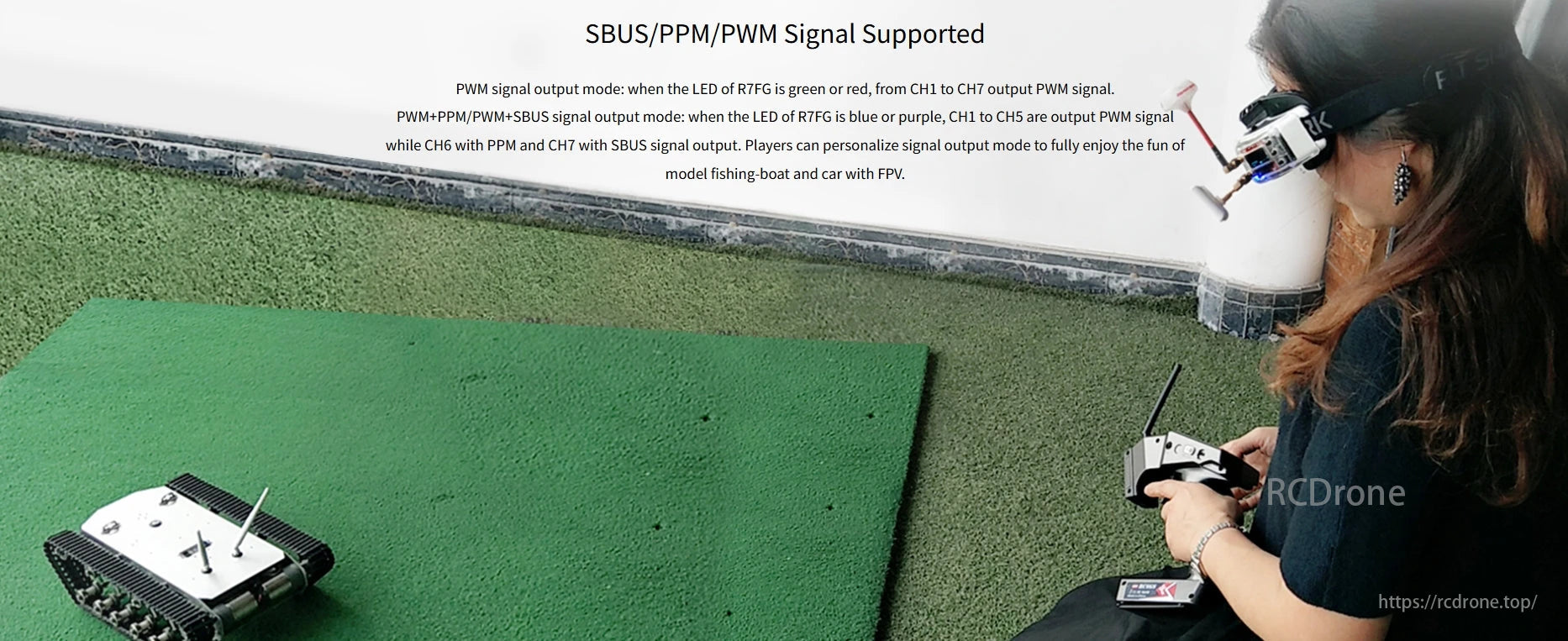 RadioLink R7FG 7-Channel Dual Antenna Receiver, Supports SBUS/PPM/PWM signals. PWM outputs via CH1-CH7; PPM+PWM+SBUS outputs via CH1-CH5 (PWM), CH6 (PPM), CH7 (SBUS). Customizable modes enhance FPV fishing-boat and car experiences.