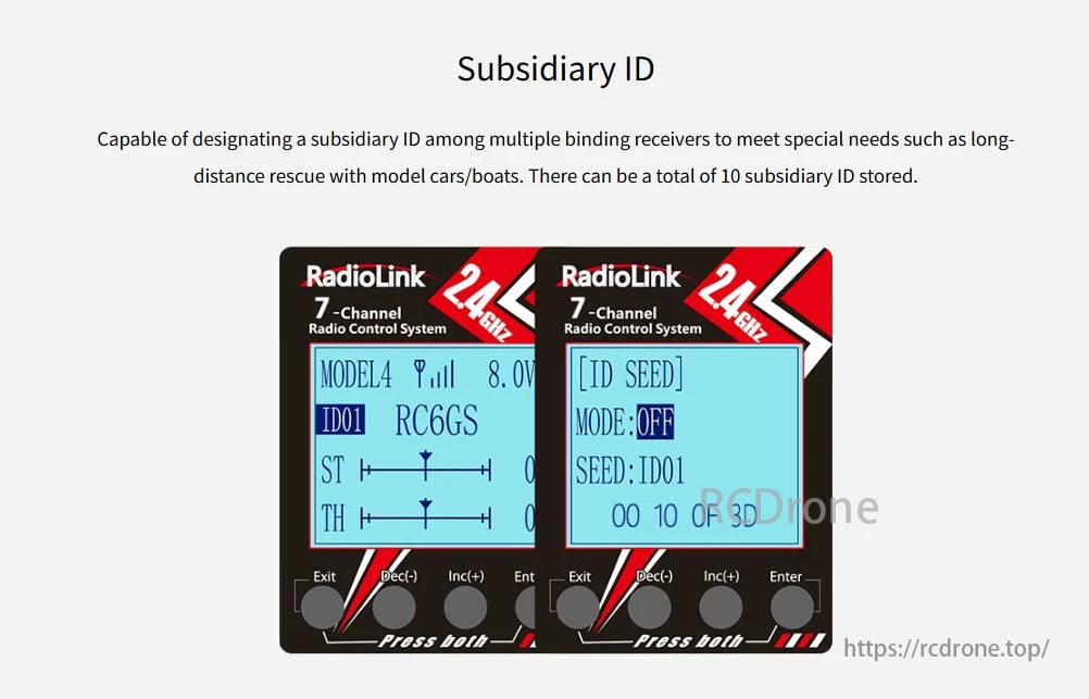 RadioLink R7FG 7-Channel Dual Antenna Receiver, The RadioLink R7FG 7-Channel receiver supports multiple bindings, stores up to 10 IDs, and is ideal for long-distance model car/boat rescue operations.