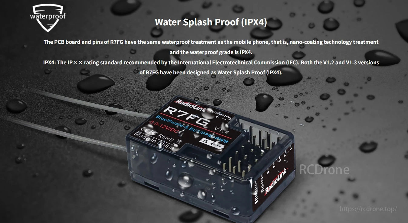 RadioLink R7FG 7-Channel Dual Antenna Receiver, 7-channel dual antenna receiver with gyro, telemetry, IPX4 waterproof design, nano-coating for PCB/pins protection. Works with V1.2 and V1.3.