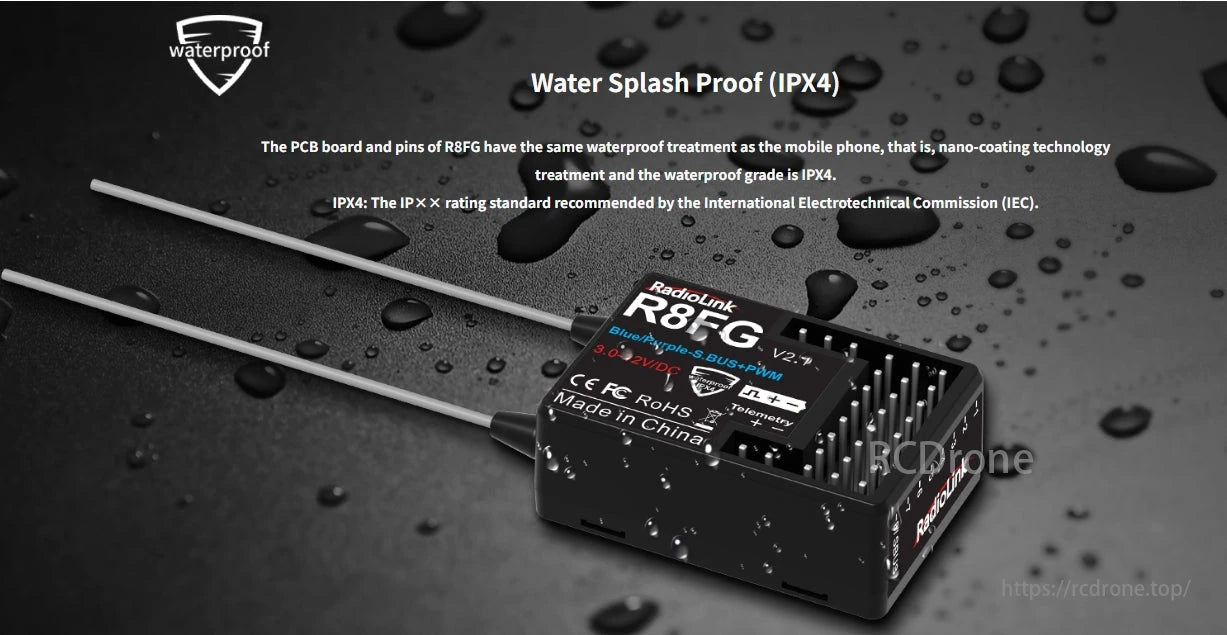 RadioLink R8FG 8-Channel Dual Antenna Receiver, The RadioLink R8FG is an 8-channel, dual-antenna, waterproof drone receiver with IPX4 protection, supports various protocols, operates on 3.0-22V DC, includes telemetry, meets CE, FCC, RoHS standards, and is durable for tough conditions.