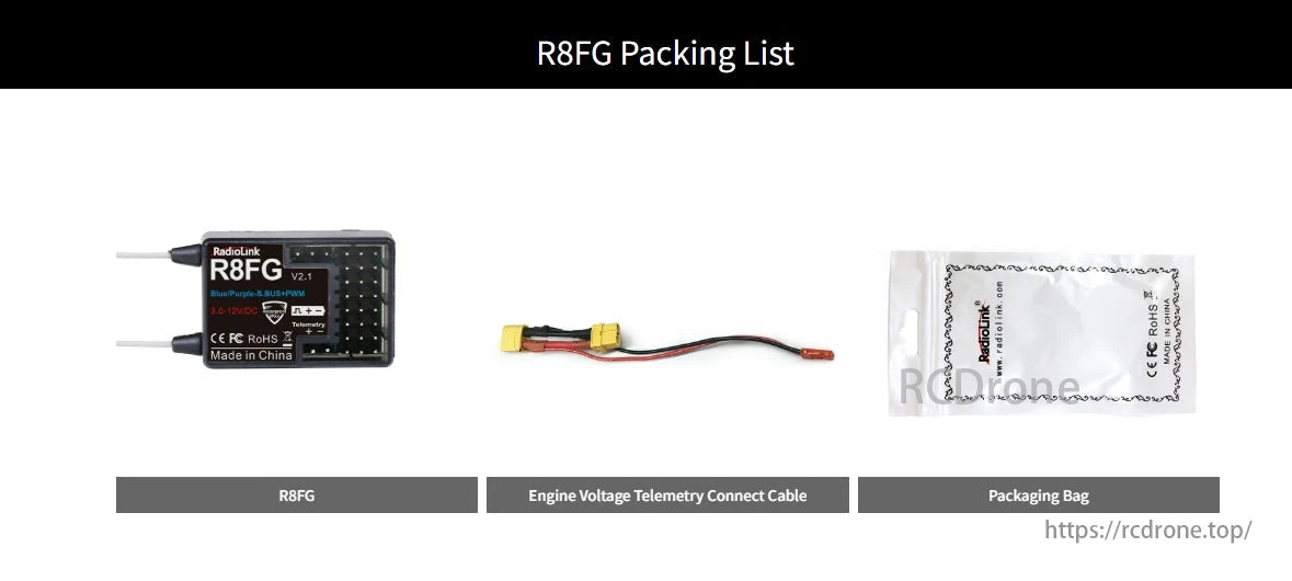 RadioLink R8FG 8-Channel Dual Antenna Receiver, The RadioLink R8FG includes an 8-channel dual antenna receiver, engine voltage telemetry cable, and packaging bag.