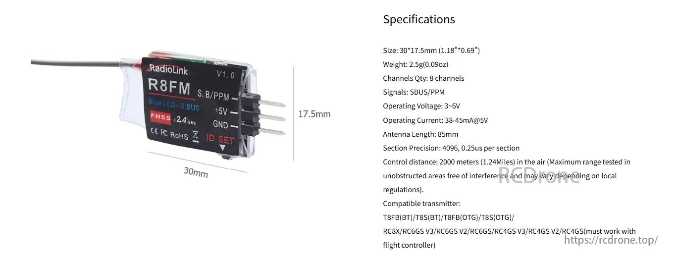 RadioLink R8FM 8 Channels Mini Receiver, The RadioLink R8FM is a compact 8-channel receiver with 2.4GHz FHSS, supporting SBUS/PPM signals, operating at 3-6V, and offering a 2000m control range for RC drones.