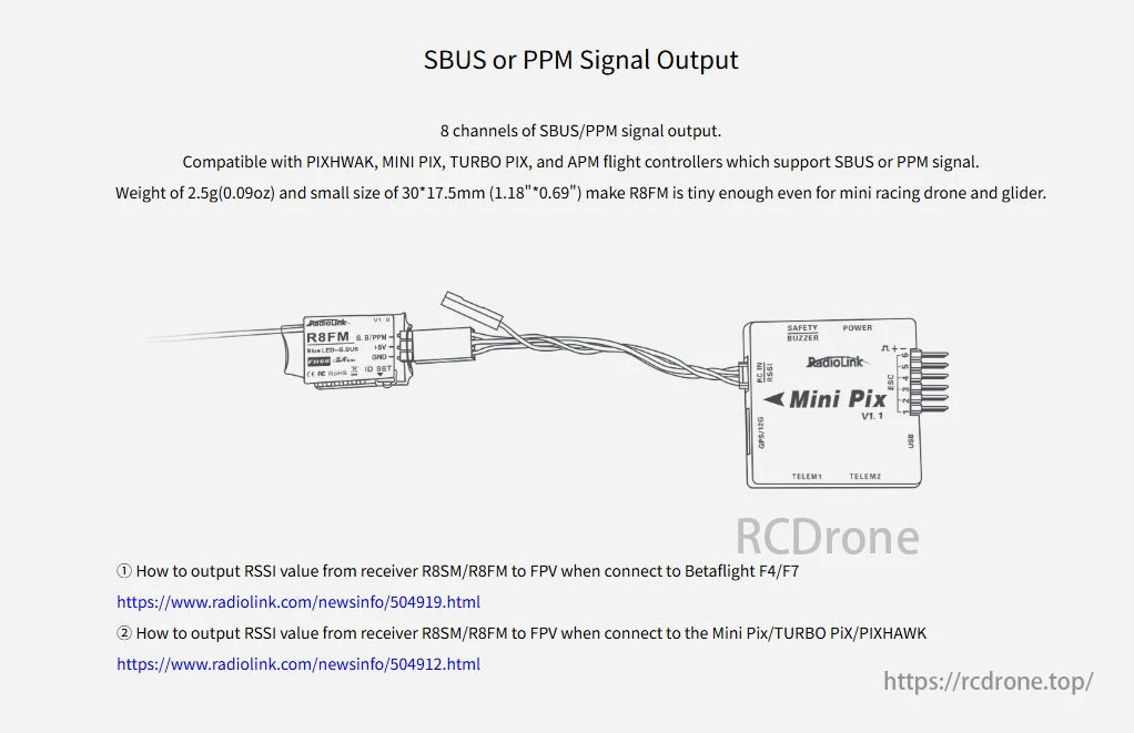 RadioLink R8FM 8 Channels Mini Receiver, R8FM provides 8-channel SBUS/PPM output, compatible with PIXHAWK, MINI PIX, TURBO PIX, and APM controllers. Weighs 2.5g, suitable for mini drones. RSSI setup links provided.