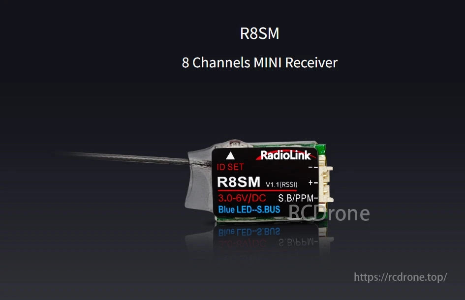 RadioLink R8SM 8 Channels Mini Receiver, The RadioLink R8SM is a compact 8-channel receiver with 2.4GHz SBUS/PPM output, 3.0-6V power, and a blue LED, ideal for racing drones.