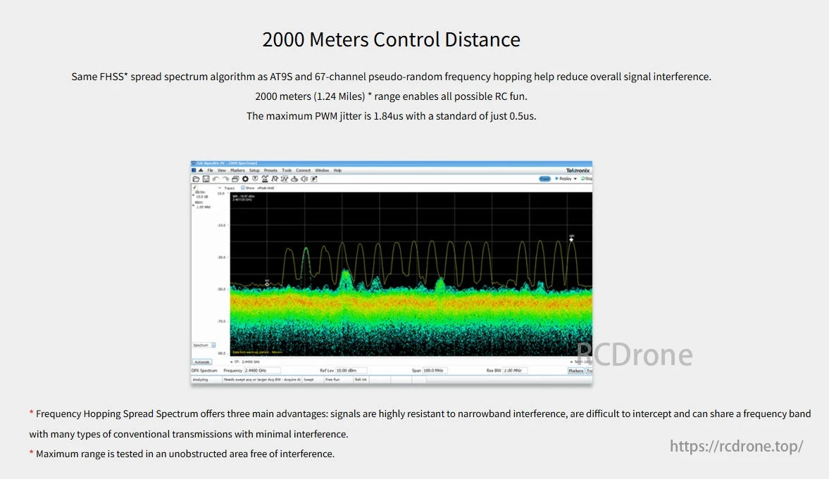 RadioLink R8SM 8 Channels Mini Receiver, FHSS 67-channel hopping reduces interference, resists narrowband disruption, hard to intercept. 2000m control range, low PWM jitter (max 1.84us, std 0.5us).