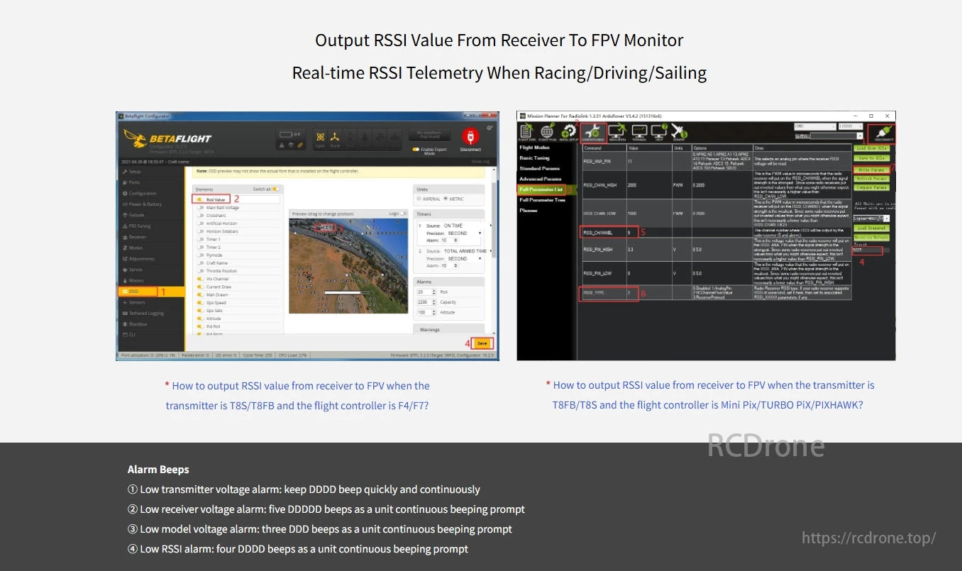 RadioLink R8XM 8 Channels Mini Receiver, Output RSSI for real-time telemetry on FPV monitor during racing/driving/sailing. Instructions for T8S/T8FB with F4/F7 and Mini Pix/TURBO PIX/PIXHAWK. Alarm beeps for low voltage and RSSI issues.
