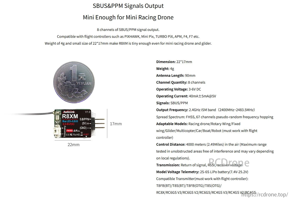 RadioLink R8XM 8 Channels Mini Receiver, The RadioLink R8XM mini receiver offers 8 channels, SBUS/PPM output, compatibility with various flight controllers, and is ideal for racing drones and gliders due to its small size, light weight, and 4km range.