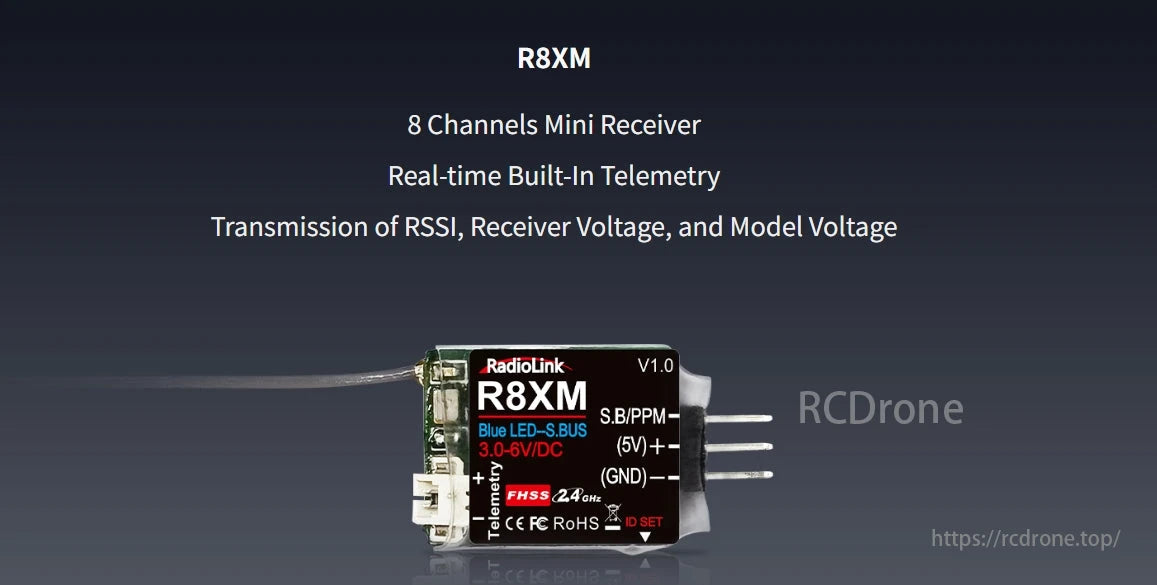 RadioLink R8XM 8 Channels Mini Receiver, The RadioLink R8XM is an 8-channel mini receiver with real-time telemetry, transmitting RSSI, receiver voltage, and model voltage. It supports S.B/PPM, 3.0-6V/DC, FHSS 2.4GHz, and ID SET.