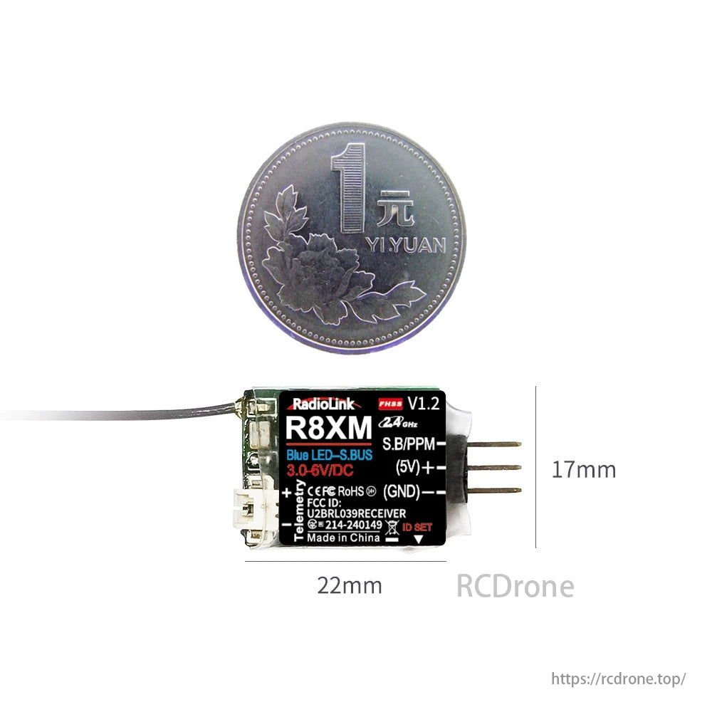 RadioLink R8XM 8 Channels Mini Receiver, The RadioLink R8XM is a compact 8-channel receiver with telemetry, RSSI, Blue LED, S.BUS/PPM support, 3.0-6V power, and measures 22x17mm. Made in China.