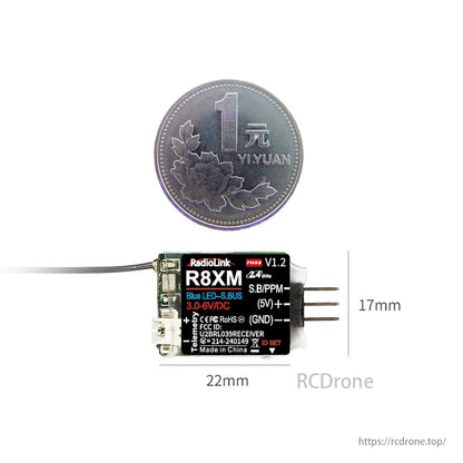 RadioLink R8XM 8 Channels Mini Receiver, The RadioLink R8XM is a compact 8-channel receiver with telemetry, RSSI, Blue LED, S.BUS/PPM support, 3.0-6V power, and measures 22x17mm. Made in China.