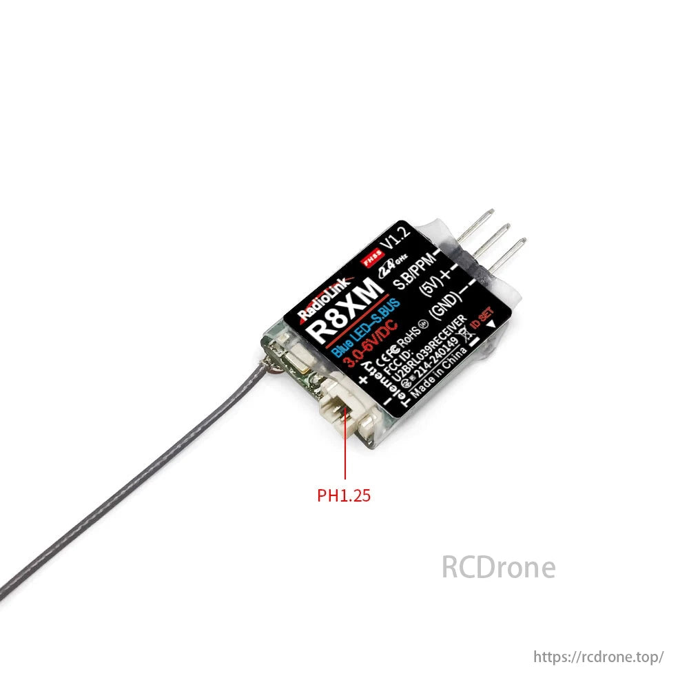 RadioLink R8XM 8 Channels Mini Receiver, The RadioLink R8XM is a compact 8-channel receiver with telemetry, RSSI, Blue LED, SBUS, PPM, 3.0-6V power, and PH1.25 connector for easy integration.