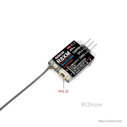 RadioLink R8XM 8 Channels Mini Receiver, The RadioLink R8XM is a compact 8-channel receiver with telemetry, RSSI, Blue LED, SBUS, PPM, 3.0-6V power, and PH1.25 connector for easy integration.