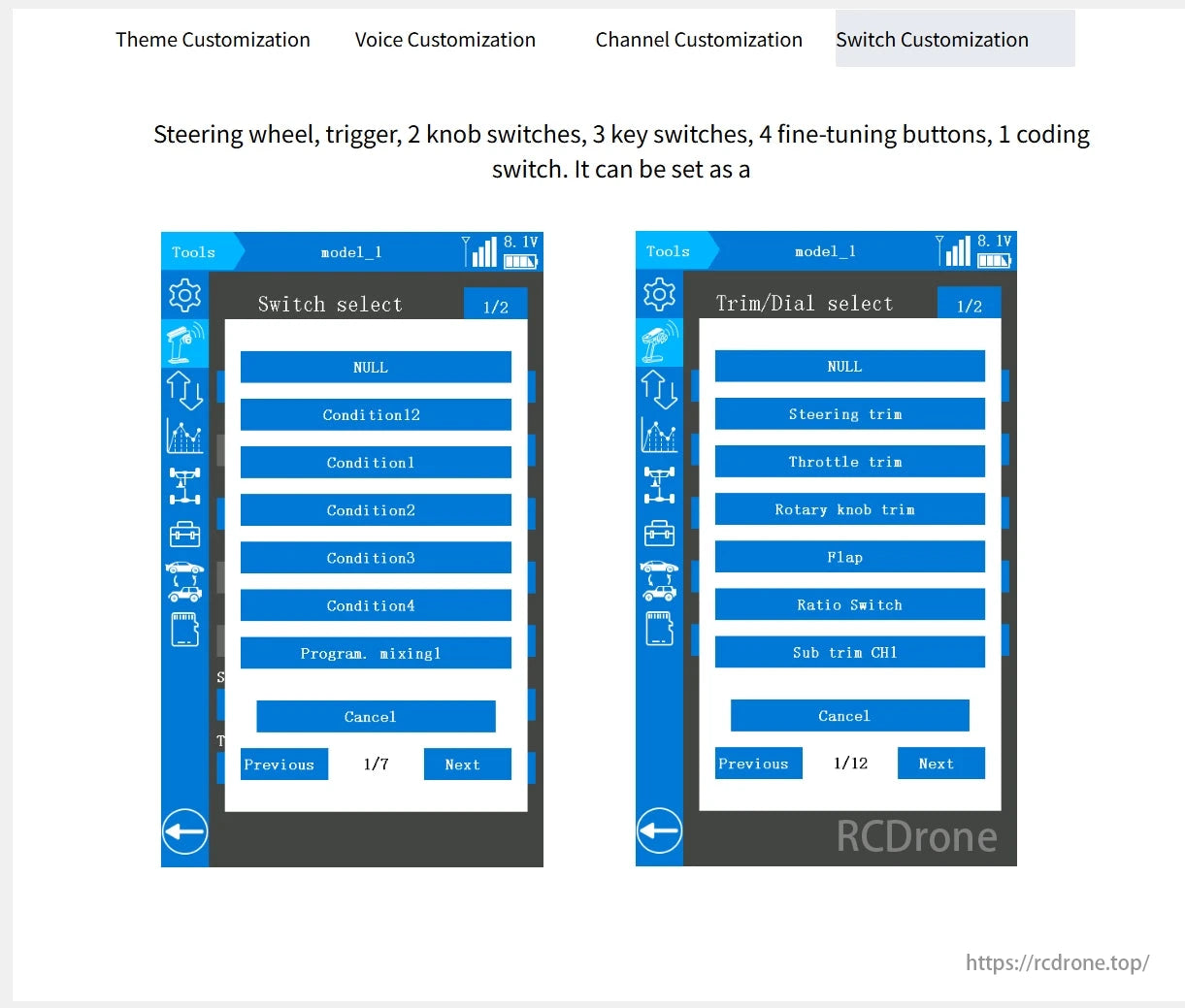 RadioLink RC8X 8CH Surface Transmitter, The RC8X 8CH Surface Transmitter provides customizable switches and trims for versatile control, including steering, throttle trim, rotary knob, flap, ratio switch, and sub-trim CH1.