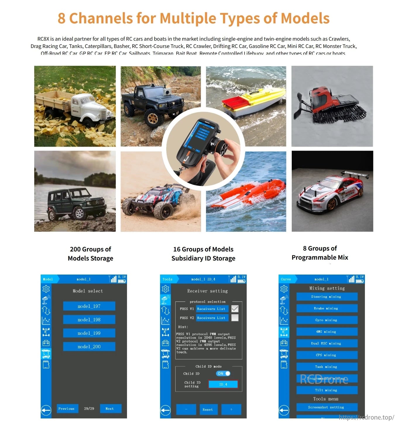 RadioLink RC8X 8CH Surface Transmitter, RC8X supports cars, boats, trucks with 8 channels, 200 model groups, 16 IDs, and 8 mix groups for versatile control.