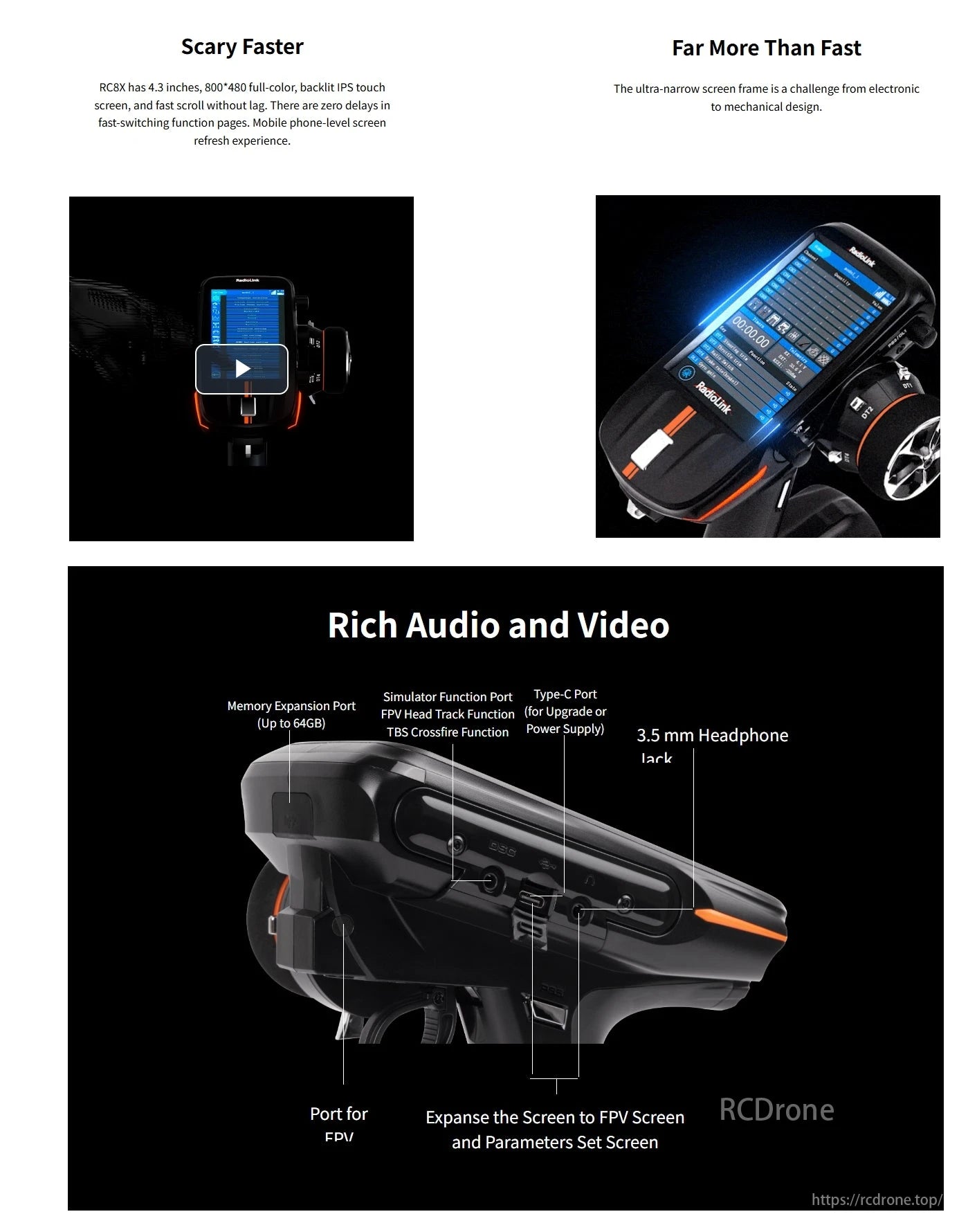 RadioLink RC8X 8CH Surface Transmitter, The RC8X features a 4.3-inch IPS touchscreen, quick response, slim frame, multiple ports, and up to 64GB memory for improved FPV performance.