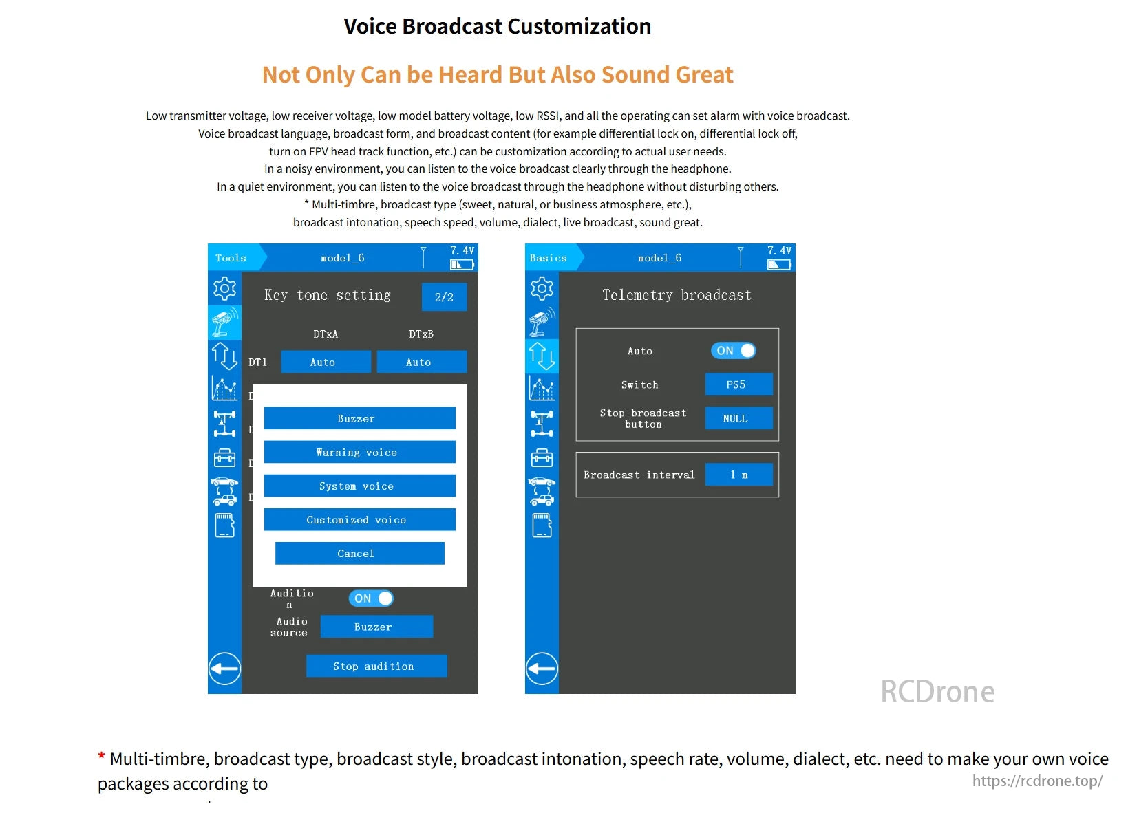 RadioLink RC8X 8CH Surface Transmitter, Customizable voice broadcast with adjustable tone, telemetry, audio options. Includes auto mode, switch selection, and tailored voice packages for enhanced user experience.
