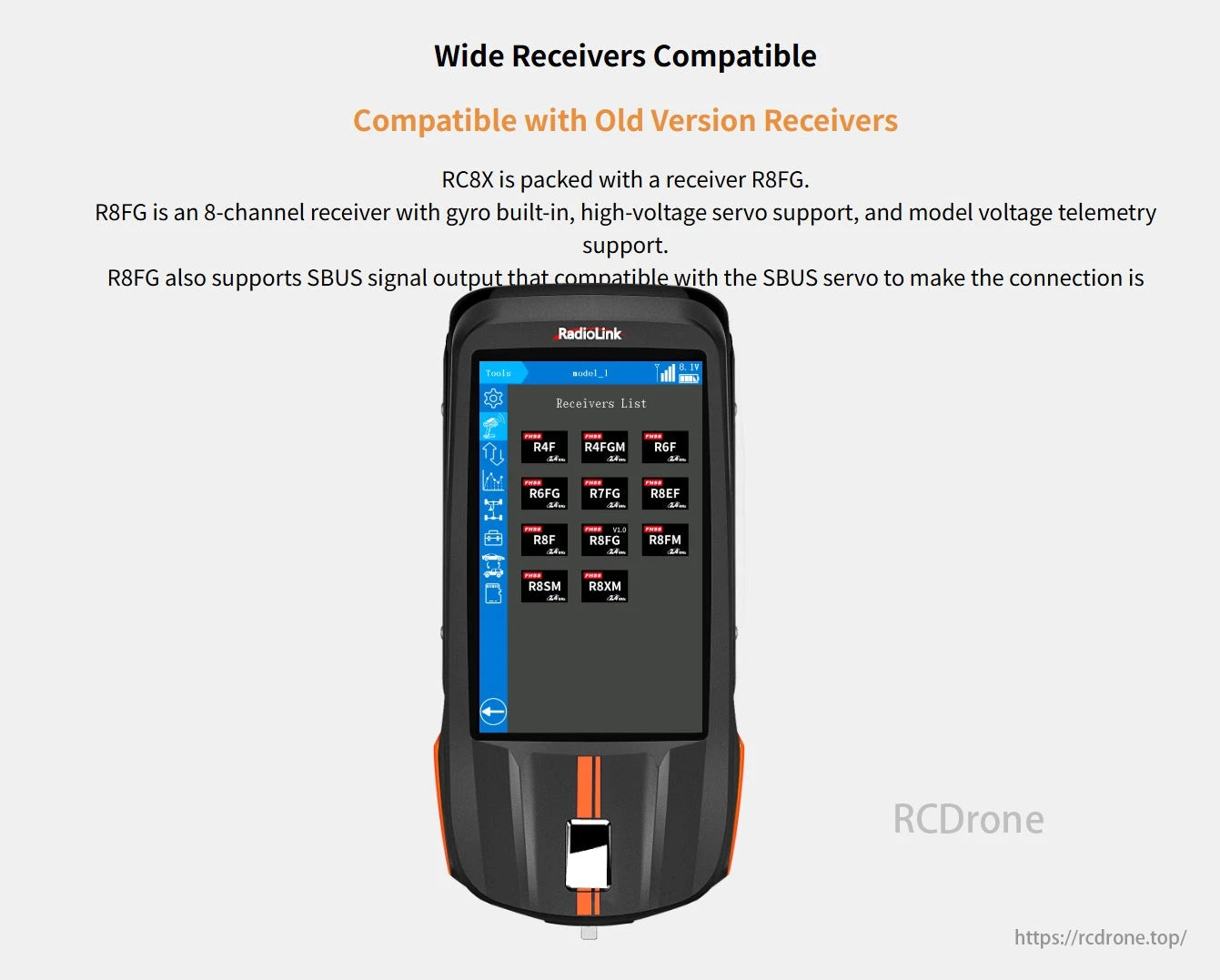 RadioLink RC8X 8CH Surface Transmitter, The RC8X transmitter and R8FG receiver offer 8 channels, gyro support, high-voltage servos, voltage telemetry, SBUS output, and compatibility with older receivers.
