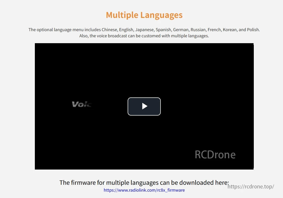 RadioLink RC8X 8CH Surface Transmitter, The menu supports multiple languages; voice broadcast is customizable. Firmware can be downloaded via the provided link.