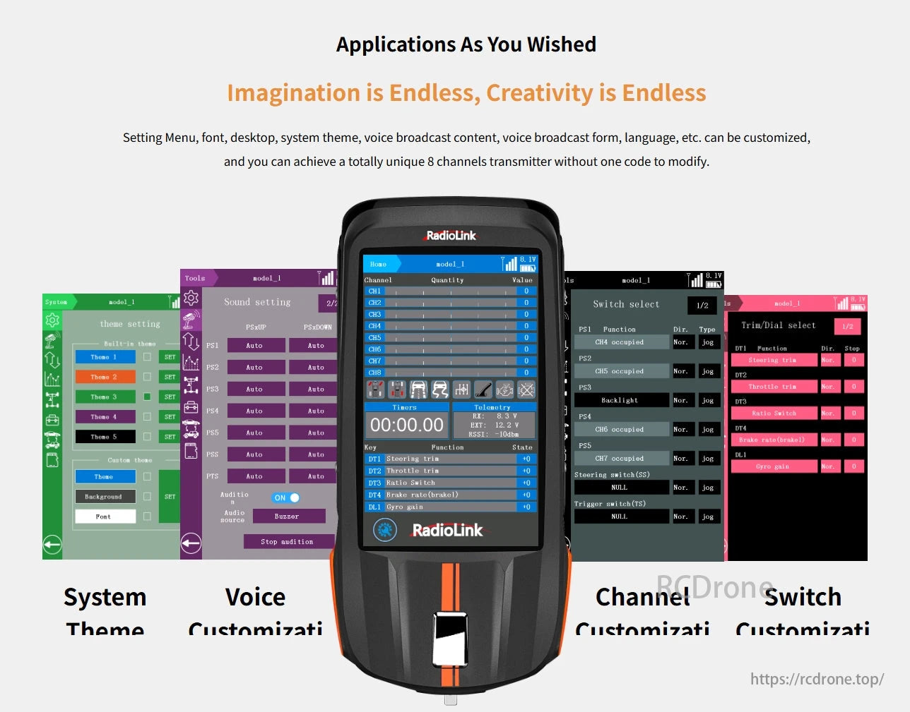 The RadioLink RC8X 8CH Surface Transmitter provides customizable themes, voice settings, channels, and switches, offering endless creative possibilities.