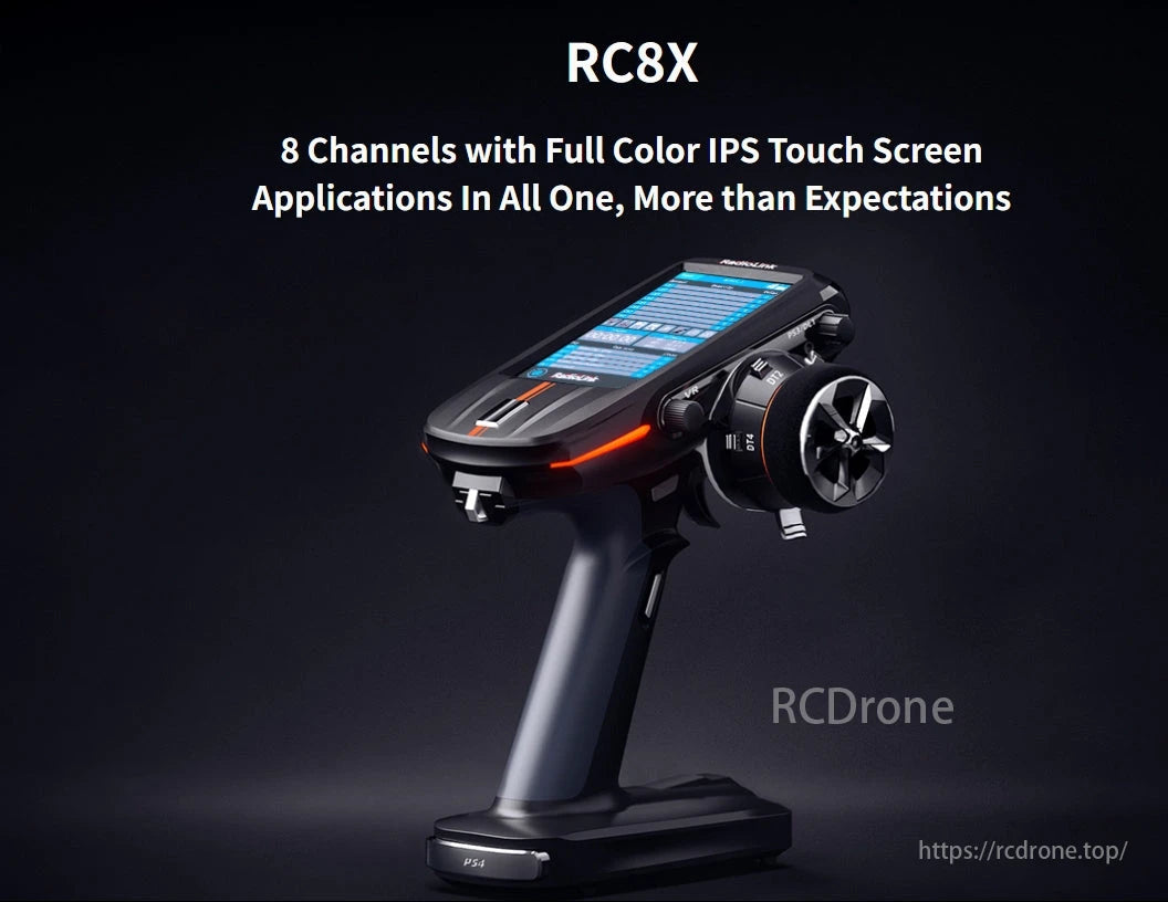 The RadioLink RC8X 8CH Surface Transmitter features a full-color touchscreen and multiple apps for versatile control.