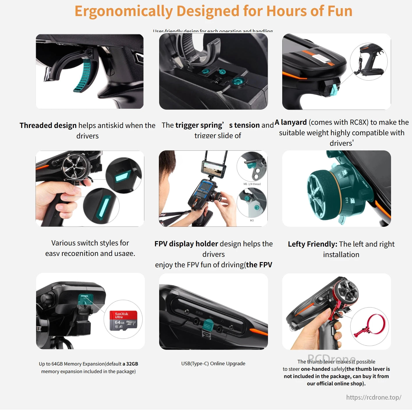 RadioLink RC8X 8CH Surface Transmitter, The RC8X transmitter features an ergonomic, anti-slip design with adjustable tension, lanyard compatibility, FPV display holder, left-handed support, 64GB memory, USB upgrades, and safe one-handed operation for comfort and control.