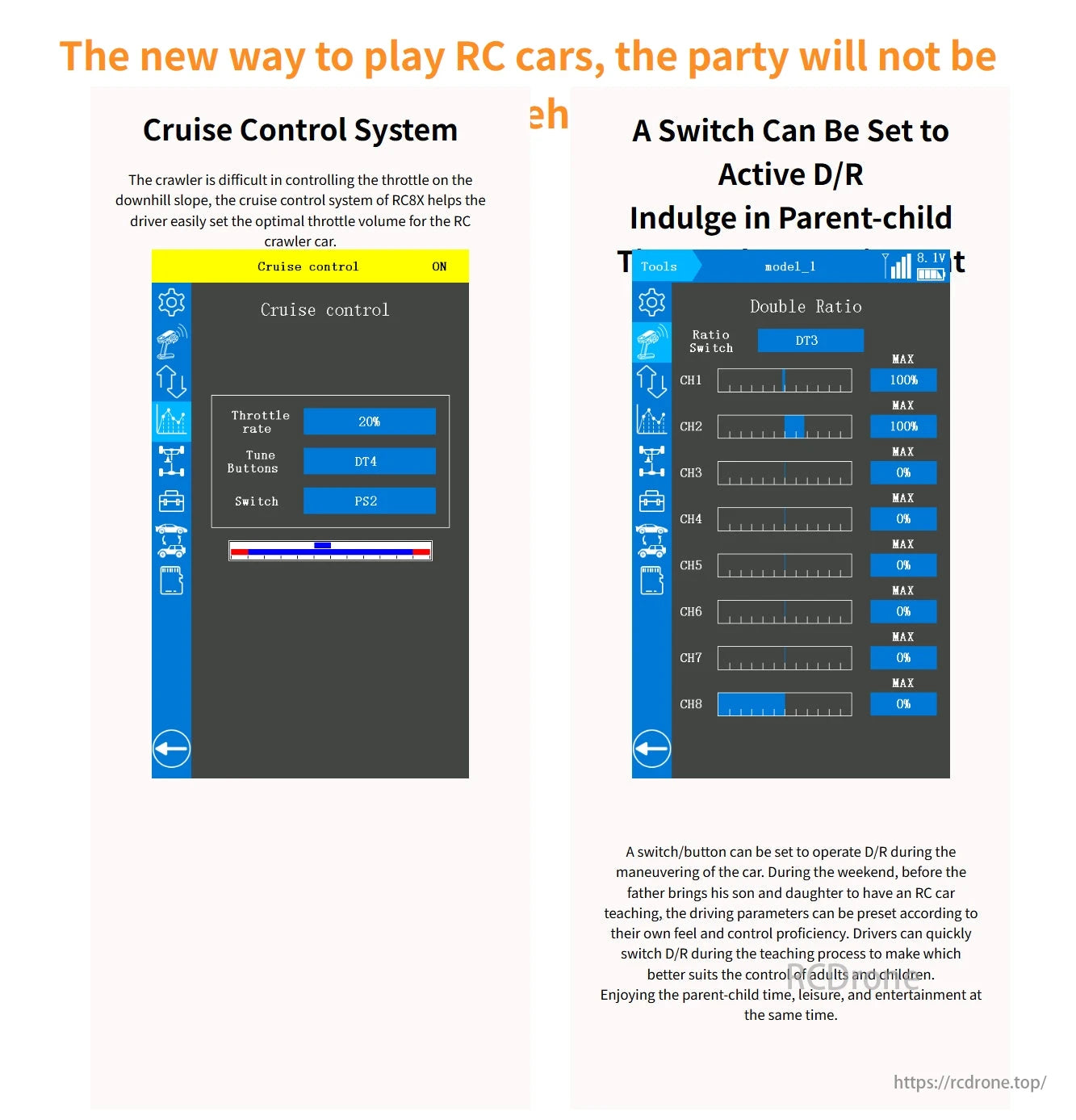 RadioLink RC8X 8CH Surface Transmitter, The RC8X transmitter features cruise control for downhill driving and adjustable D/R settings, allowing customized controls to improve parent-child RC car play.