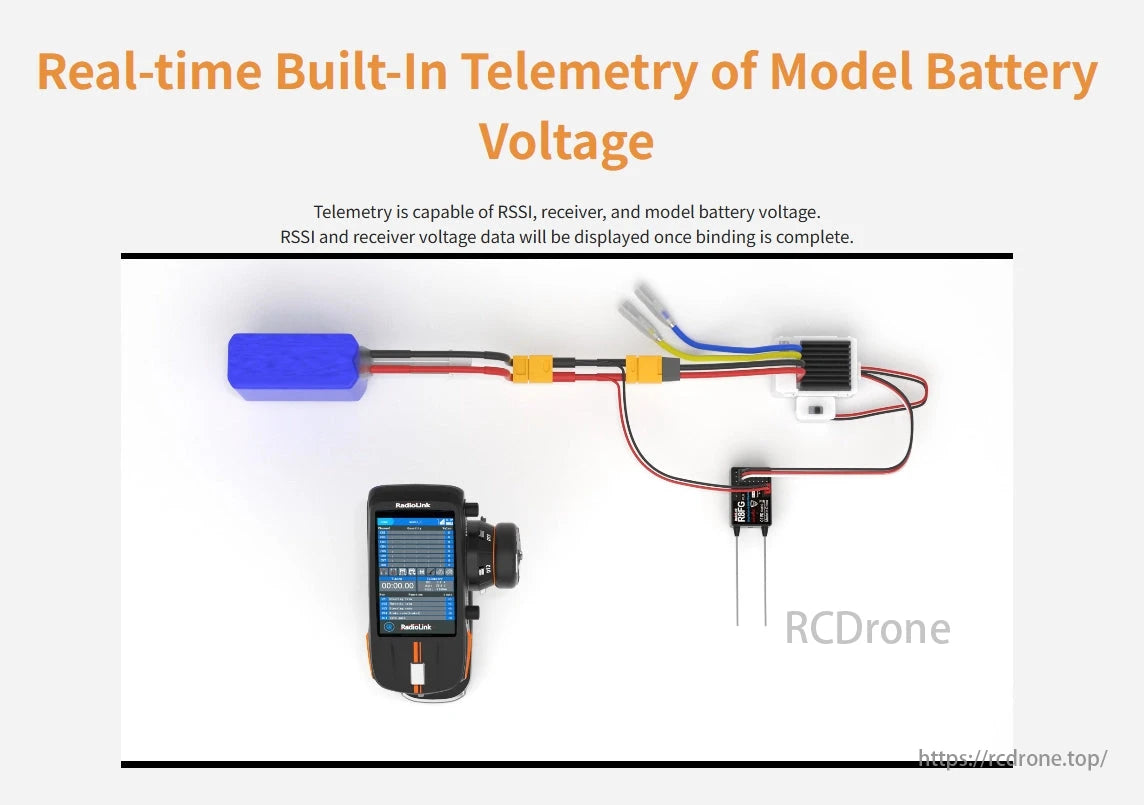 RadioLink RC8X 8CH Surface Transmitter, Real-time telemetry shows battery voltage, RSSI, and receiver data post-binding. RC8X 8CH transmitter included.