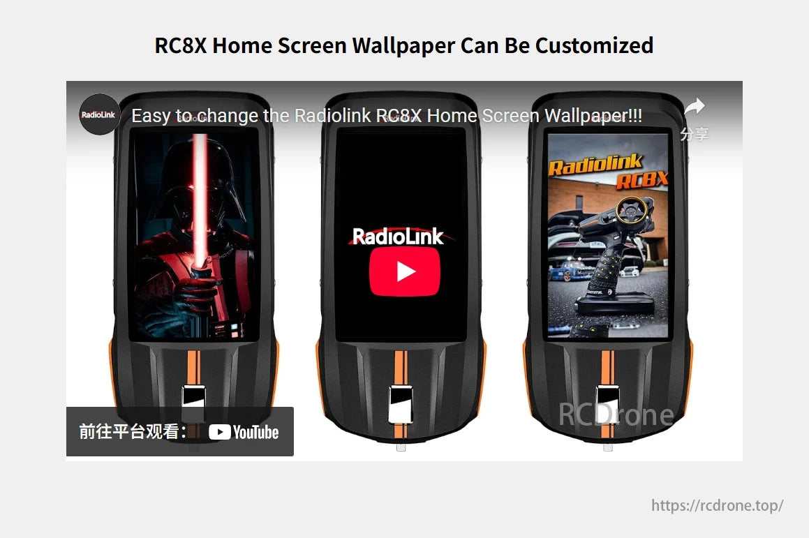 RadioLink RC8X 8CH Surface Transmitter, The RC8X home screen wallpaper is customizable, with easy changes and various options shown on the device screens.