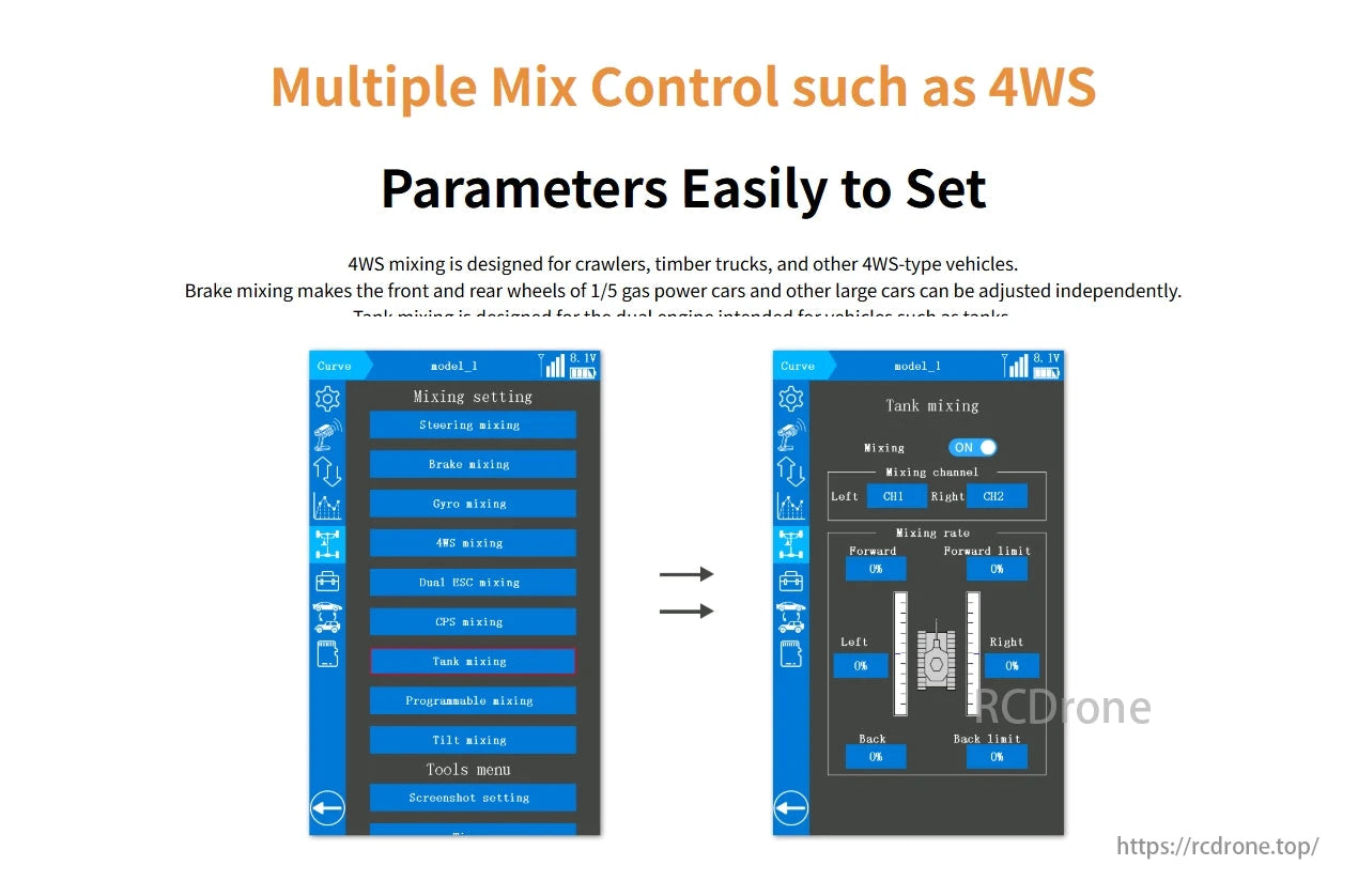 RadioLink RC8X 8CH Surface Transmitter, Multiple Mix Control for 4WS vehicles allows easy parameter settings for crawlers and timber trucks, with independent front-rear brake mixing and tank mixing for dual engines.