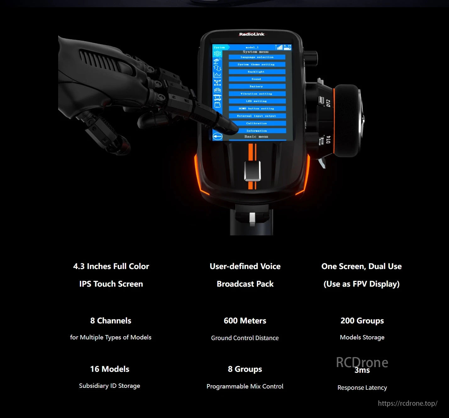 The RadioLink RC8X 8CH Surface Transmitter features a 4.3" touchscreen, voice broadcast, dual-use screen, 8 channels, 600m range, and 3ms latency.