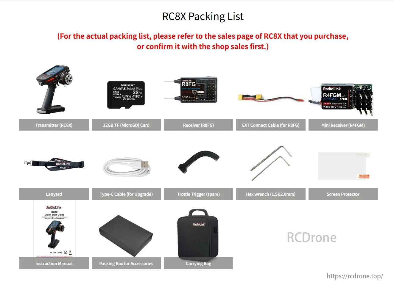 RadioLink RC8X 8CH Surface Transmitter, The RC8X packing list includes a transmitter, 32GB TF card, receivers, cables, tools, screen protector, manual, accessory box, and carrying bag.