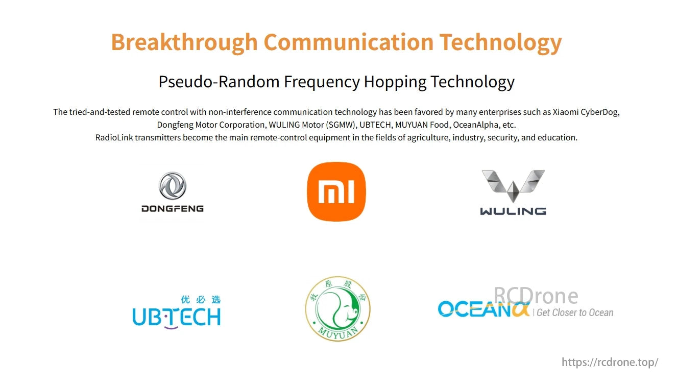 RadioLink RC8X 8CH Surface Transmitter, Pseudo-random frequency hopping: secure communication tech used by major brands, ideal for agriculture, industry, security, and education.