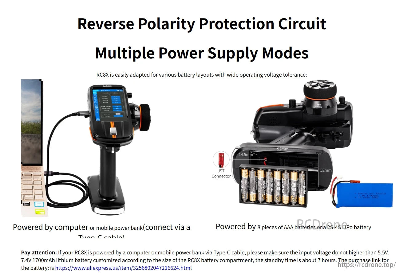 The RadioLink RC8X 8CH Surface Transmitter features reverse polarity protection and supports multiple power sources like computer, power bank, AAA batteries, or LiPo battery.
