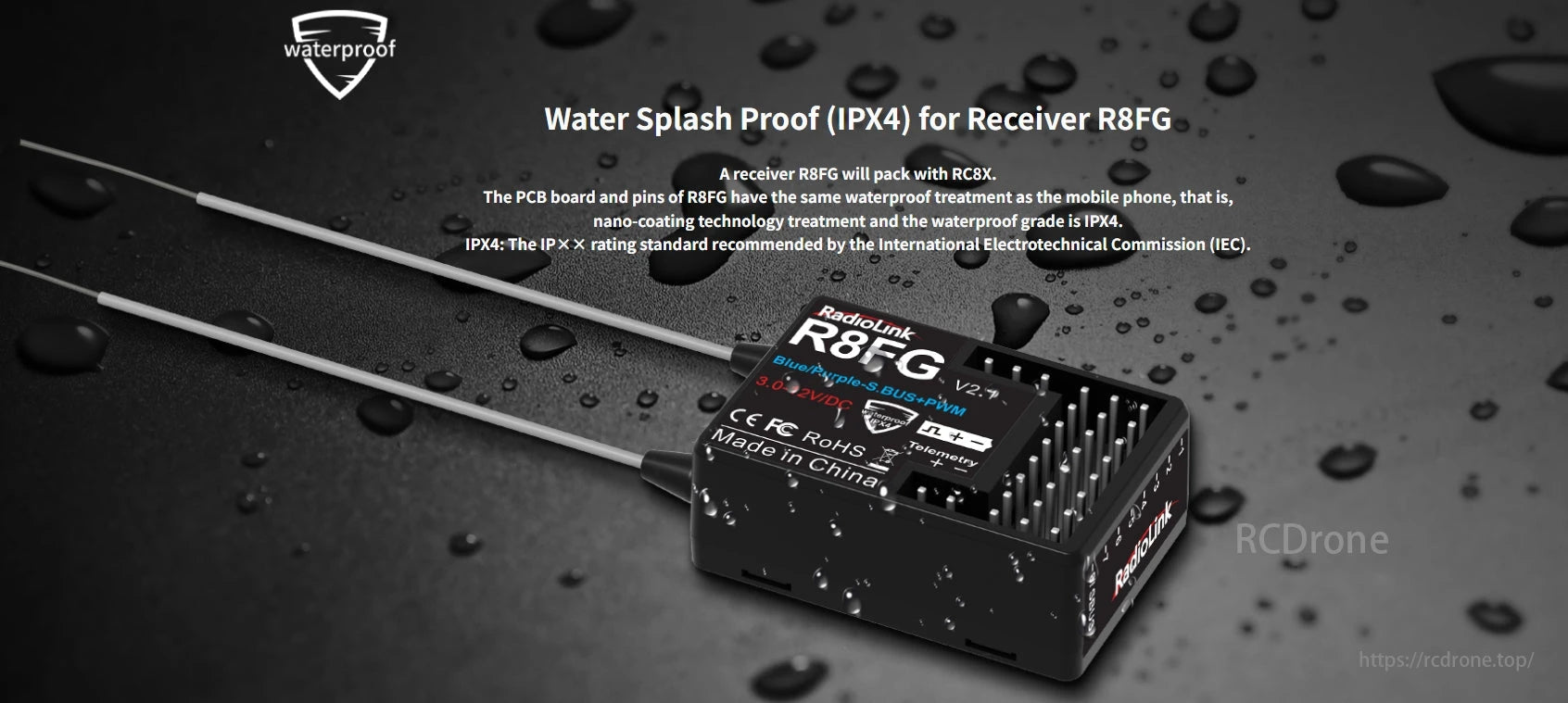 RadioLink RC8X 8CH Surface Transmitter, RadioLink R8FG receiver with IPX4 waterproof rating, nano-coated PCB/pins, supports Blue/Purple-S.BUS-PWM. Ideal for water-splash environments. Made in China.