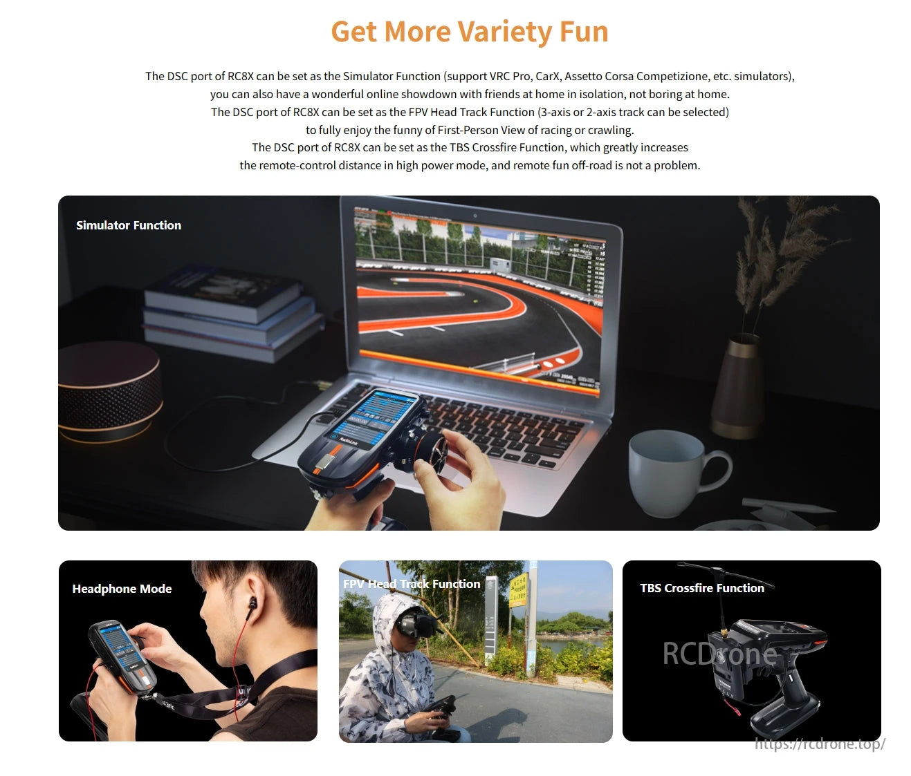 RadioLink RC8X 8CH Surface Transmitter, RC8X provides Simulator, FPV Head Track, and TBS Crossfire for versatile use, enabling racing simulations, first-person views, and extended remote control range with its 8CH surface transmitter.
