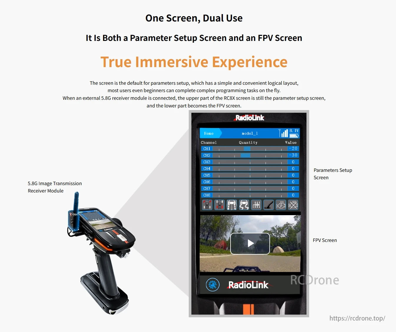 RadioLink RC8X 8CH Surface Transmitter, The RadioLink RC8X 8CH transmitter has a dual-use screen, supports 5.8G FPV transmission, and provides an immersive experience with easy programming.