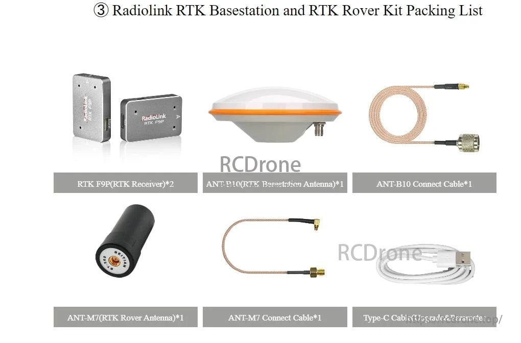Radiolink RTK F9P Centimeter-Level GPS, The Radiolink RTK F9P kit includes two RTK receivers, one basestation antenna, one rover antenna, two connecting cables, and one Type-C cable for upgrades.